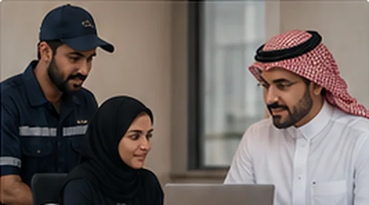 A technician, an office colleague and the owner around a laptop.