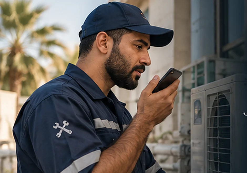A technician speaking into his phone beside AC units.