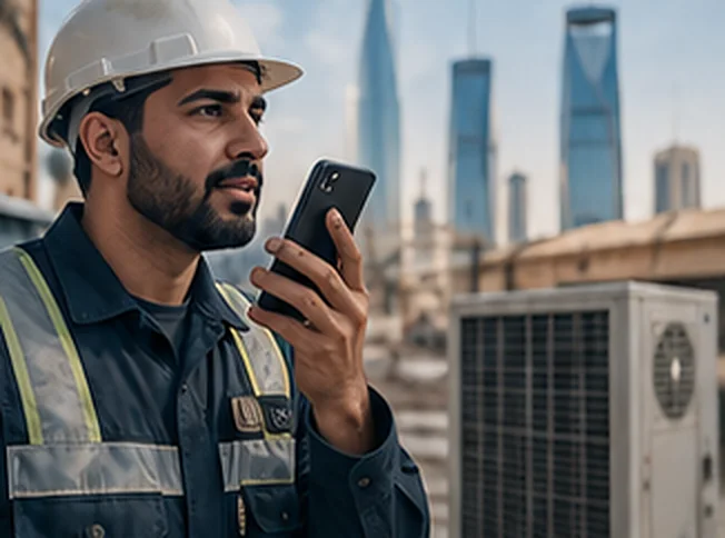 A technician speaking into his phone among city towers.