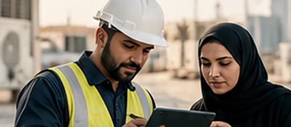 A technician and an office colleague reviewing a tablet.