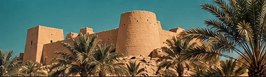 A historic mud-brick fort among palm trees.