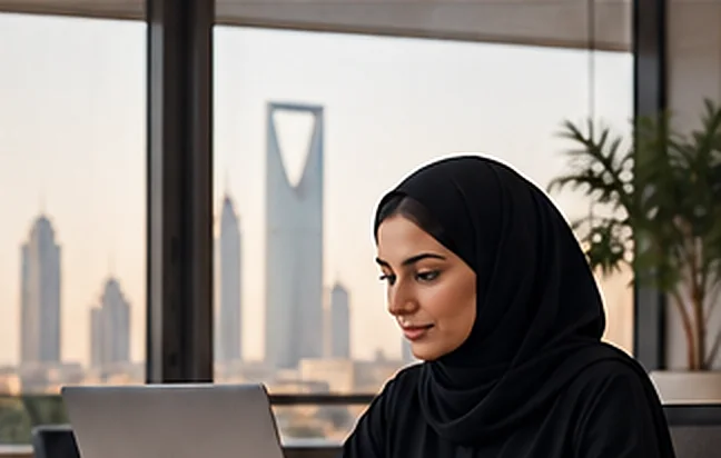An office manager at a laptop by a city window.