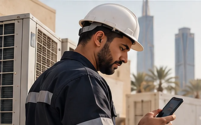 A technician checking his phone beside air-conditioning units.