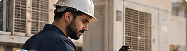 A field technician beside an AC unit.