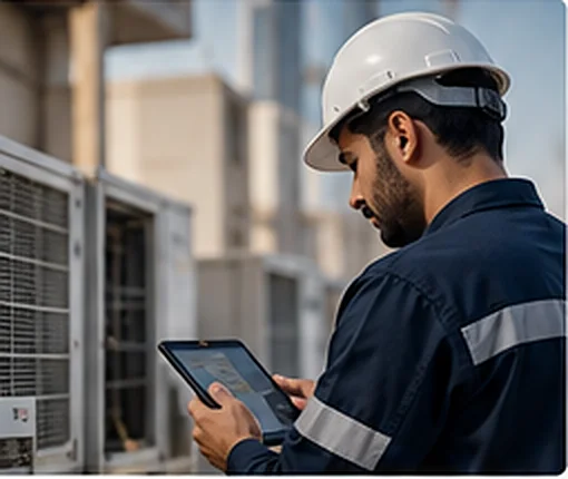 A technician using a tablet beside AC units.